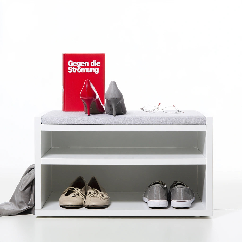 Schoenenbank met opbergruimte met stoffen bekleding, kleur lichtgrijs en wit