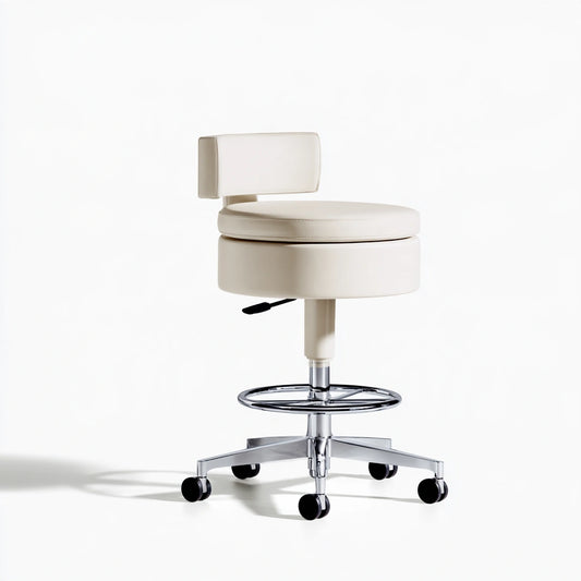 FordandFir verstelbare witte werkkruk met vinyl zitting en lage rug voor kantoor of salon, modern zitmeubel.