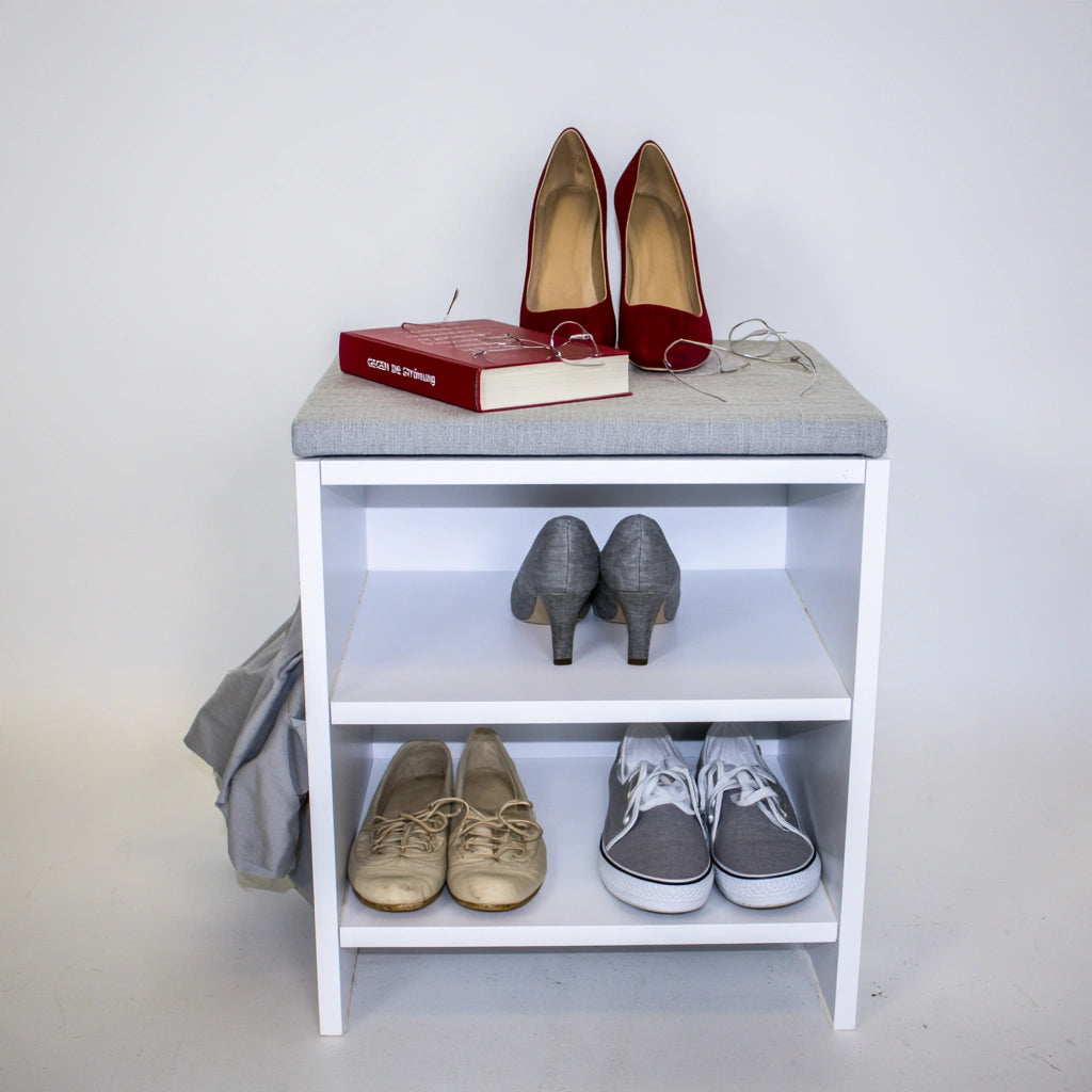 Schoenenbank met opbergruimte met stoffen bekleding, kleur lichtgrijs en wit