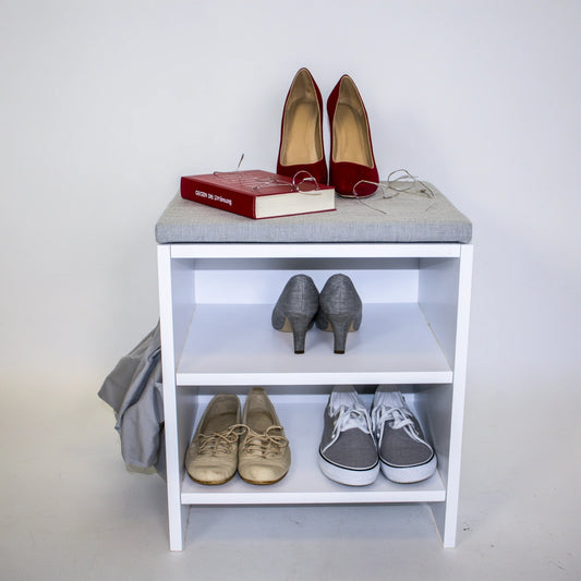 Schoenenbank met opbergruimte met stoffen bekleding, kleur lichtgrijs en wit